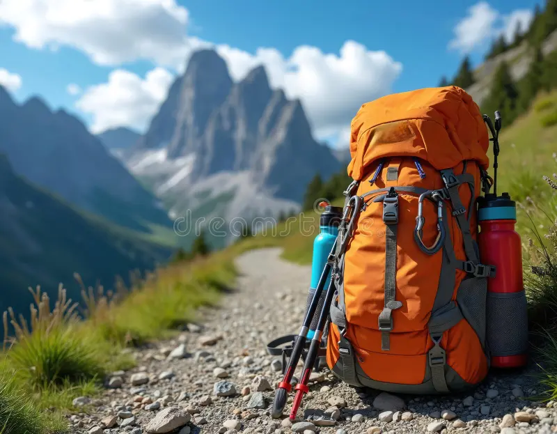 orange-backpack-hiking-sticks-water-bottles-near-mountain-path-equipment-trekking-adventure-outdoors-activity-rucksack-413336273